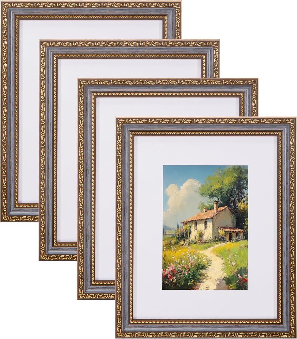 eletecpro 8x10 Picture Frames Set of 4, Vintage Frame with Glass Cover, Rustic 8 x 10 Photo Frames Display 5x7 Photo with Mat or 8x10 without Mat for Tabletop or Wall Decor, Blue Gold