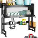 Over the Sink Dish Drying Rack with Cover 2 - Tier Large Dish Drainer Racks for Kitchen Counter Space Saving Sink Storage Organizer for Dishes, Glasses, Bowls & Cutlery Black