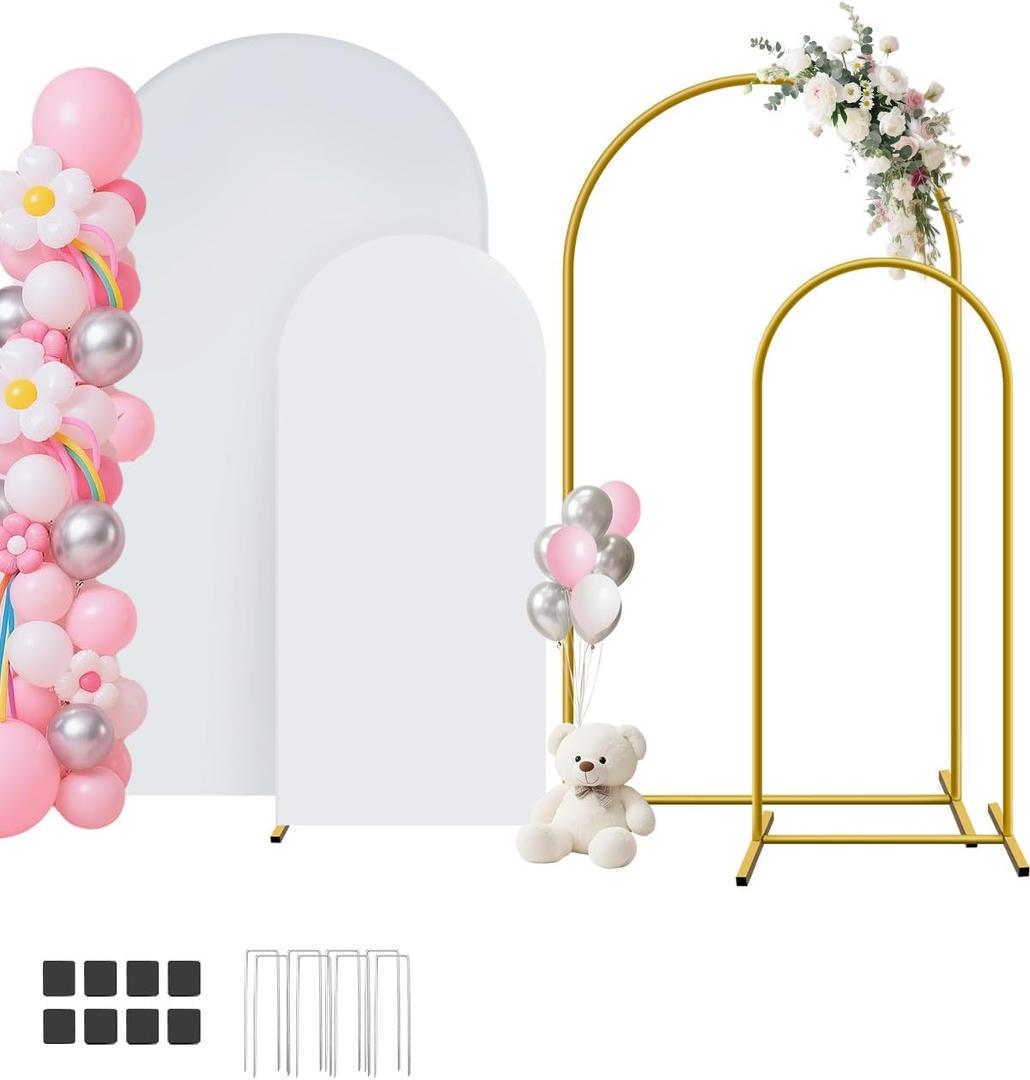 Metal Arch Backdrop Stand and Cover Set of 2 (7.2 ft/6 ft, White), Wedding Arch Backdrop Stand with White Cover for Party Birthday, Wedding, Bridal Shower, Baby Shower, Festival, Proposal, Anniversary