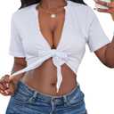LovelyWholesale Graphic Crop Tops for Women Sexy Tie Front Top Summer Short Sleeve V Neck T Shirt (White, L)