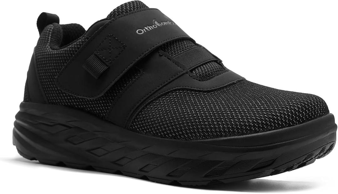Men's Orthopedic Diabetic Extra Wide Walking Shoes: Comfortable Arch Support Adjustable Fit Hook and Loop Loafers, Breathable Width Toe Box Tendonitis Shock Absorber Slip-On Shoes Black Size 9.5