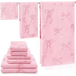 Peryiter 6 Pack Cotton Pink Bow Towels, Gifts for Mother's Day, Soft Absorbent Bath Towel Set, Cute Bathroom Decor, 2 Bath Cloth 2 Hand Towels 2 Washcloths