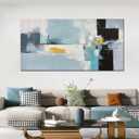 Large Abstract Wall Art Black and White Textured Blue Oil Painting 29"x58"