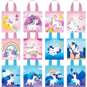 Amylove 24pcs 8 * 8.5in Unicorn Canvas Tote Bag Bulk Reusable Candy Grocery Shopping Gift Mini Canvas Bags 12 Patterns Unicorn Design for Halloween Party Supplies Favors