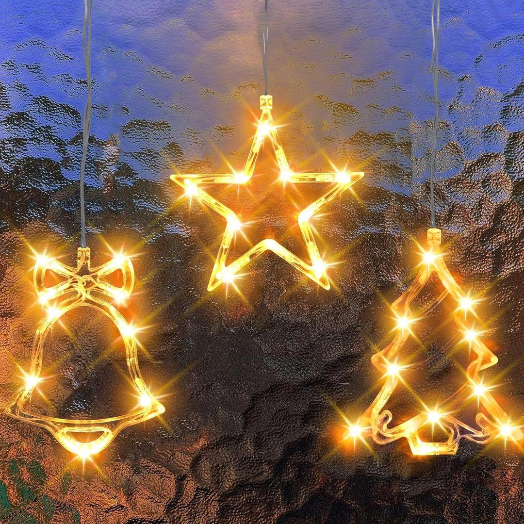 MUYUN Christmas Window Decorations,3PCS Christmas Window Lights Battery Powered Star&Jingle Bell&Xmas Tree Hanging Lights with Suction Cup Hook,Timer for New Year,Home,Party, Warm White