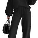Women's 2 Piece Outfits Set Fleece Lined Lounge Sweatsuit Crewneck Pullover Top Wide Leg Pants Casual Tracksuit (Medium, Black)