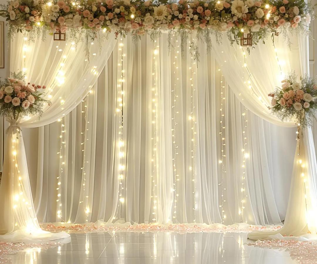 Ivory Tulle Backdrop Curtains with Lights String for Wedding Parites 60×8ft Ivory Sheer Backdrop Curtains for Baby Shower Birthday Party Photo Shoot Background Decorations(12 Panels 5ft×8ft)