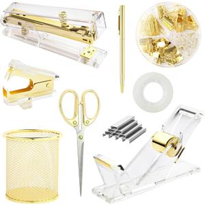 Gold Desk Accessories, Office Supplies Set with Acrylic Stapler, Tape Dispenser, Staple Remover, Pen Holder, Scissor, Binder Paper Clips, 1 Ballpoint Pen, 1 Clear Tape and 1000pcs Staples