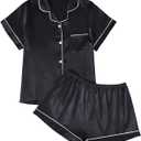 LILLUSORY Silk Satin Pajama Set for Women 2 Piece Lounge Pjs Winter Matching Summer Sleepwear Button Down Shirt Shorts (Large, Black)