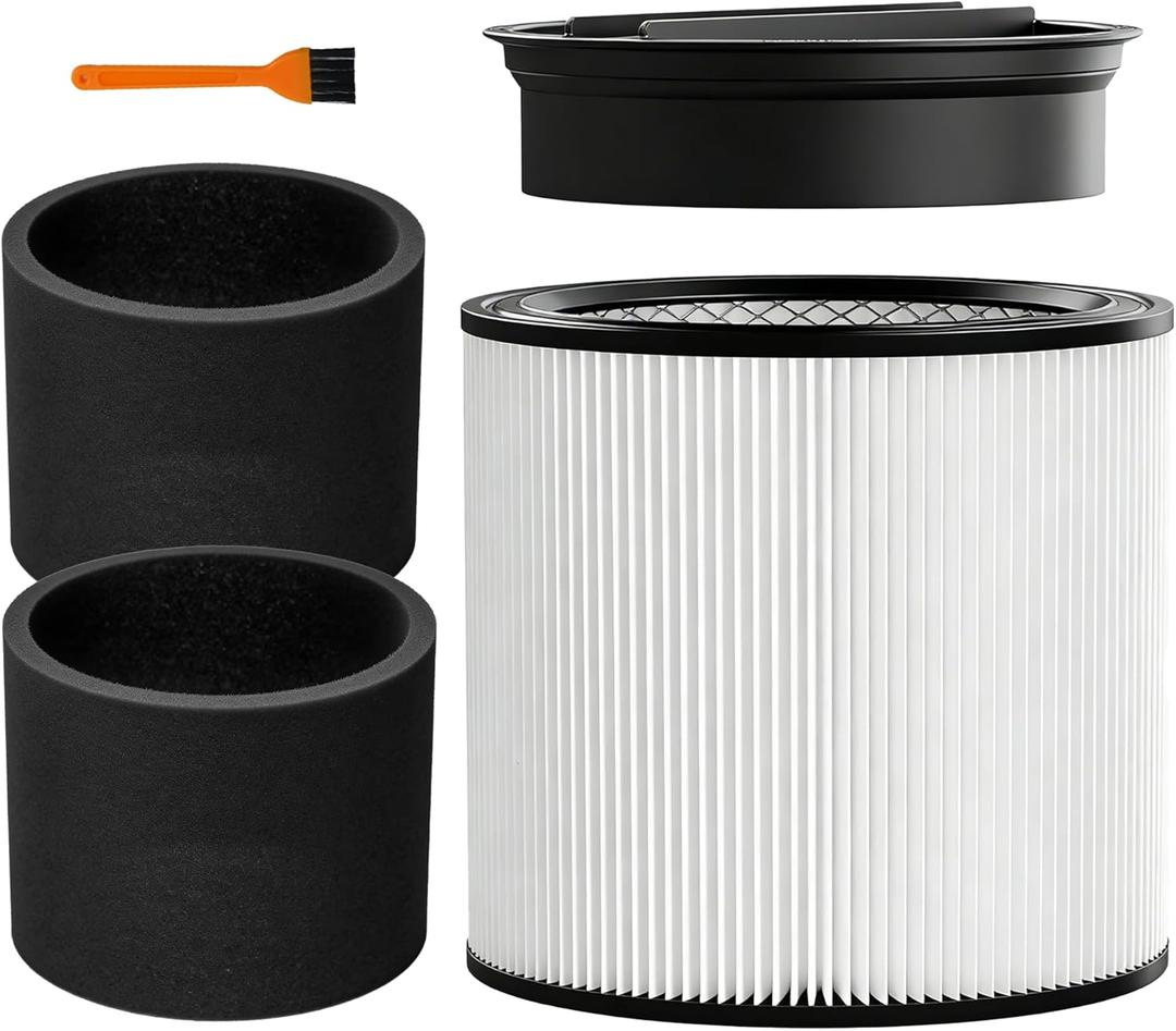 90304 Replacement Filter, 90585 Foam Sleeve Compatible with shopvac filter 90304 90350 90333 90585, Fits Most 5 Gallon and Above Wet Dry Vacuum Cleaner (1 Filters+1 Lid+2 Foam Sleeve Filter+1 Brush)