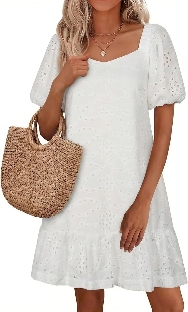 Womens Boho Summer Dresses V Neck Short Sleeve Casual Beach Vacation Dress Women Hem Floral Eyelet with Pocket (L)
