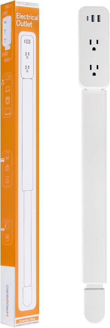 Electrical Outlet Extender Stick - Features USB-A, USB-C and 2 AC Outlets, Extends 22"-34", Rotates 180 Access Hard-to-Reach Outlets, Wall Plug Power Socket Expander Nightstands, Sofa, Desks and More (White)