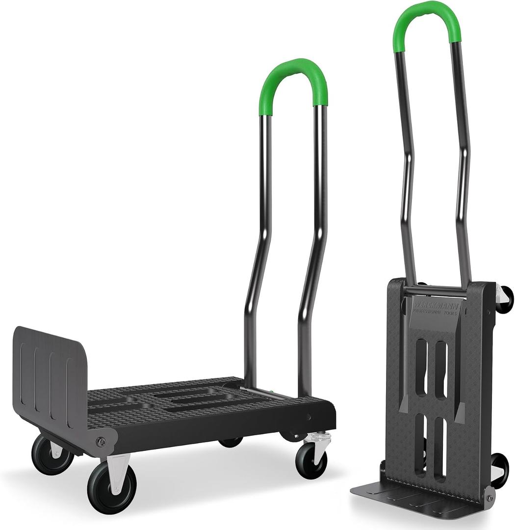 2-in-1 Convertible Hand Truck Dolly, 330LBS Capacity, 4-Wheel & 2-Wheel Modes, One-Button Switch, Foldable Lightweight Cart with Solid Rubber Wheels, Easy Assembly, Black & Dill Green