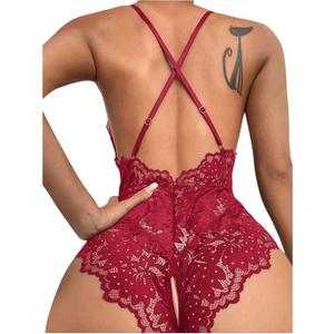 SOLY HUX Women's One Piece Lingerie Sexy Lace Babydoll Deep V Teddy Criss Cross Backless Teddy Mini Bodysuit (Red, S)