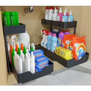 2 Pack Under Sink Organizer 2 Tier Sliding Cabinet Organizers Multi-Purpose Sink Storage Basket L-Shape Narrow Space Storage Shelves with 4 Hook for Kitchen Bathroom Drawer, Black
