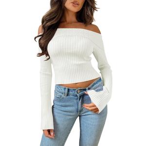 Goranbon Women's Off Shoulder Ribbed Knit Crop Sweaters Cute Wrap Long Sleeve Slim Pullover Jumper Tops (White)