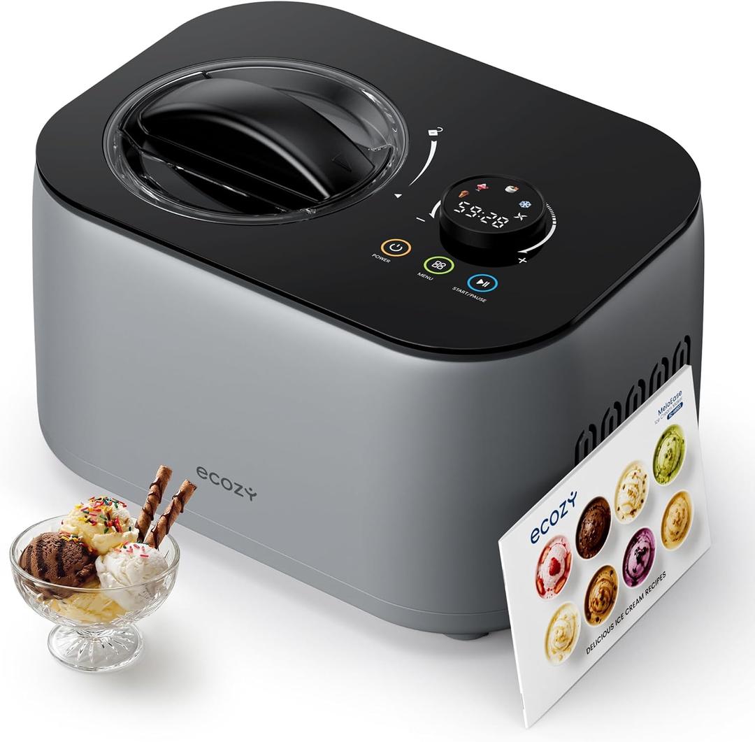 Ecozy Ice Cream Maker, 2.1 Pint No Pre-Freezing with Automatic Compressor Smart TextureLock & 1-Hour Keep Cool, Adjustable Timer for Gelato, Sorbet & Froyo, Recipe Book, Quiet & Easy to Clean