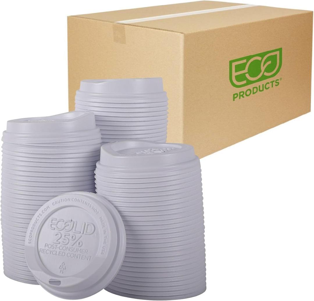 Eco-Products Ecolid Recycled Large Coffee Cup Lids, Case of 1000, White, Fits 10-20oz Hot Cups, Made from 25% Post-Consumer Recycled Plastic Polystyrene, Made in the U.S.A.
