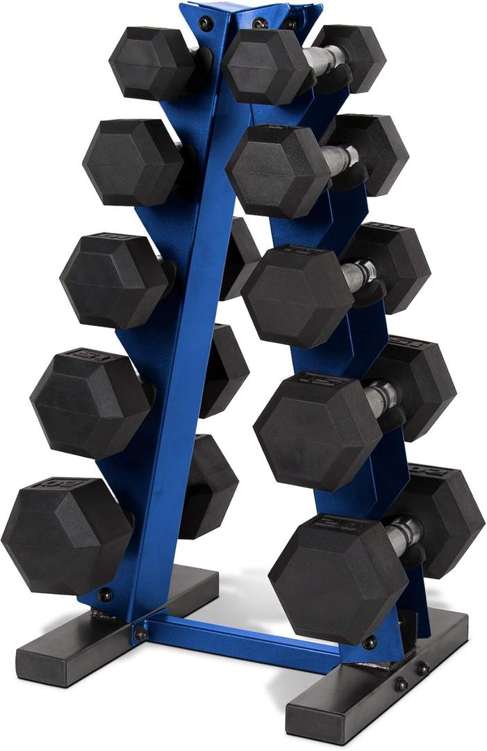 CAP 150 LB Rubber Coated Hex Dumbbell Hand Weight Set with Vertical Storage Rack - Chrome Handle | Blue Rack