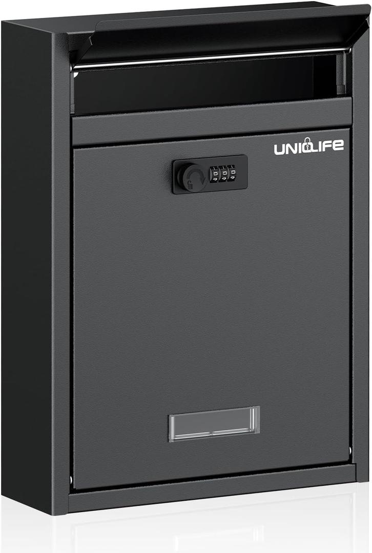 Uniclife Wall Mount Mailbox for Outside, Large Locking Mailbox with Combination Lock, Security Mail Box for House, Safe Key Drop Box, Post Box, Steel Cash Drop Box for Home Office School, Black (Blcak)