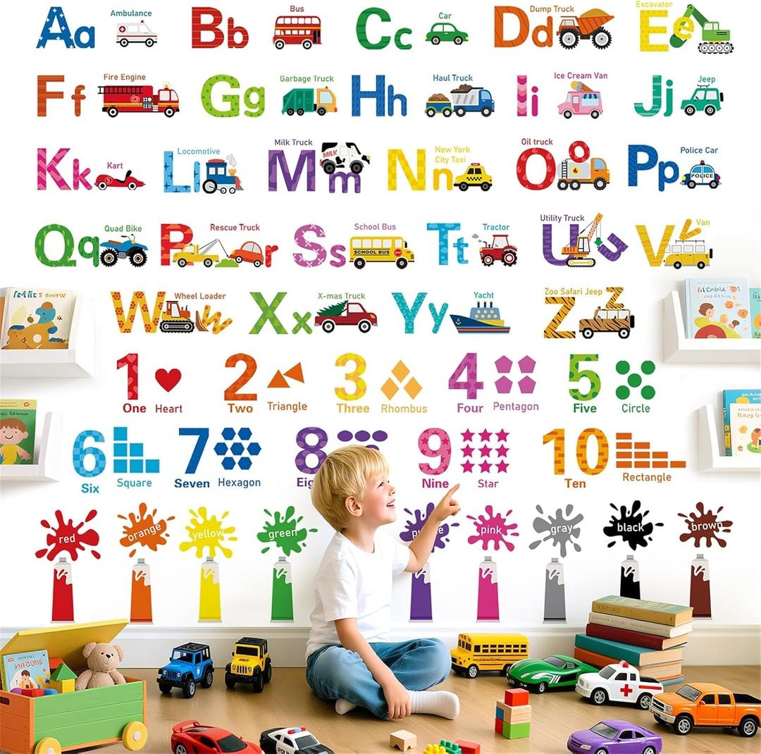 decalmile Transport Vehicle Alphabet Wall Stickers Inspirational Numbers Letters ABC Wall Decals Kids Playroom School Library Classroom Home Decor