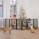 Vantas Folding No-Assembly Metal Pet Gate 120" Wide, 24" Extra Tall Dog Gate with Door Walk Through, Freestanding Accordion Puppy Gate Dog Door for Indoor & Outdoor, with 2PCS Support - Black