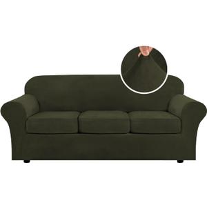H.VERSAILTEX Modern Velvet Plush 4 Piece High Stretch Sofa Slipcover Sofa Cover Furniture Protector Form Fit Thick Velvet Sofa Cover for 3 Cushion Couch Width Up to 90 Inch (Sofa, Olive)