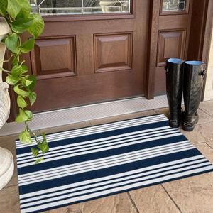 OJIA Outdoor Entryway Rug 24''x51'', Machine Washable Front Door Mats Cotton Woven Blue and White Outdoor Rugs Porch Rug Striped Kitchen Runner Indoor Door Mat for Farmhouse/Entry/Home Entrance