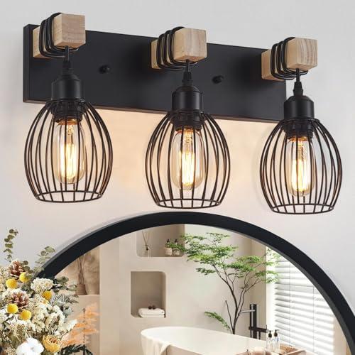 A1A9 3-Light Farmhouse Vanity Light for Bathroom, Wood Wall Sconce with Elegant Teardrop Cage, Industrial Black Vanity Lights Over Mirror for Living Room Bedroom Hallway