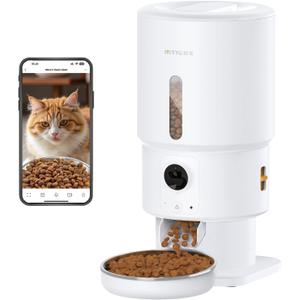 Automatic Cat Feeder with Camera - 5G WiFi Timed Cat Food Dispenser, 1080P HD Video with Night Vision, 1-15 Meals, 1-99 Portions, 2-Way Audio, Keeps Dry Food Fresh, 5L Auto Pet Feeder Also for Dogs (White)