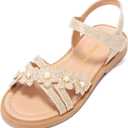 PANDANINJIA Girls Sandals Toddler Little Big Kids Kid Cute Open Toe Flats Dress Sandals Mona Summer Shoes (Beige)