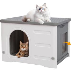 Rockever Plastic Cat House Outdoor with Escape Door, Waterproof Feral Cat House Outdoor Indoor, Sturdy Cat House for Outdoor Cats, Assemble Easily-Grey