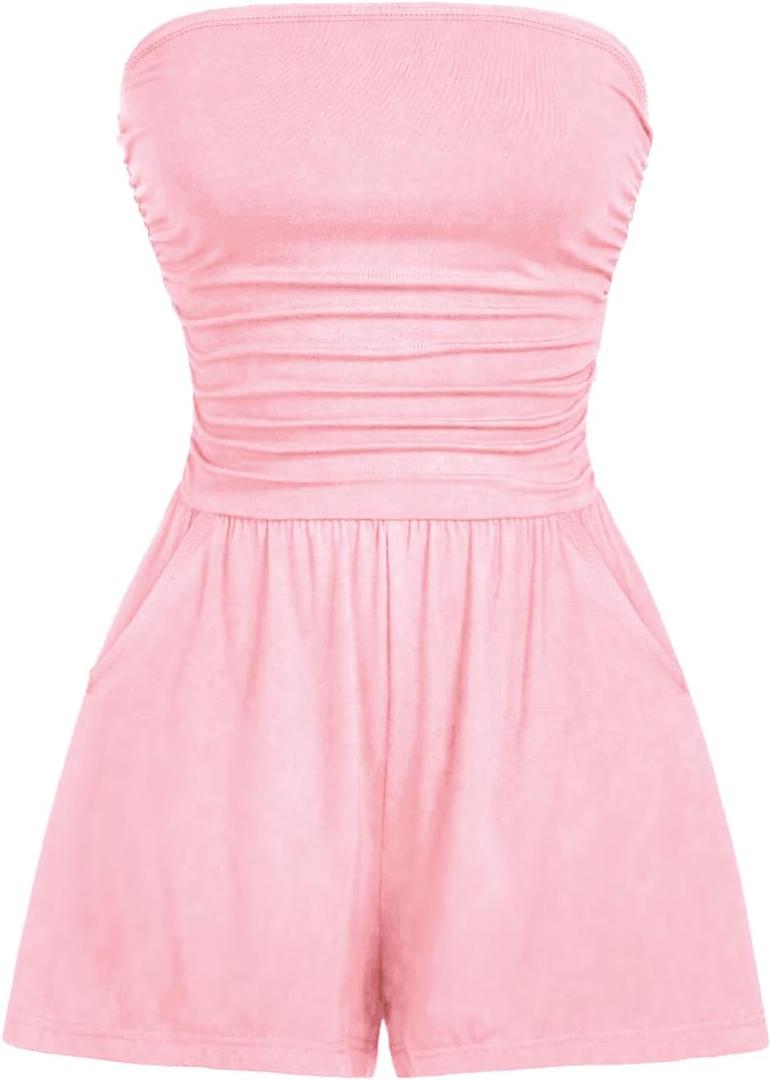 AUXDIO Women Summer Casual Strapless Romper Sleeveless Off Shoulder Short Jumpsuits 2026 Beach Vacation Clothes (Pink, M)