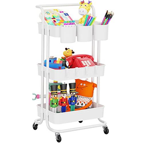 LEHOM 3-Tier Rolling Utility Cart with Hanging Cups & Hooks & Handle, Plastic Art Cart Organizer Storage with Wheels, Easy Assembly for Office, Bedroom, Kitchen, Bathroom, Laundry