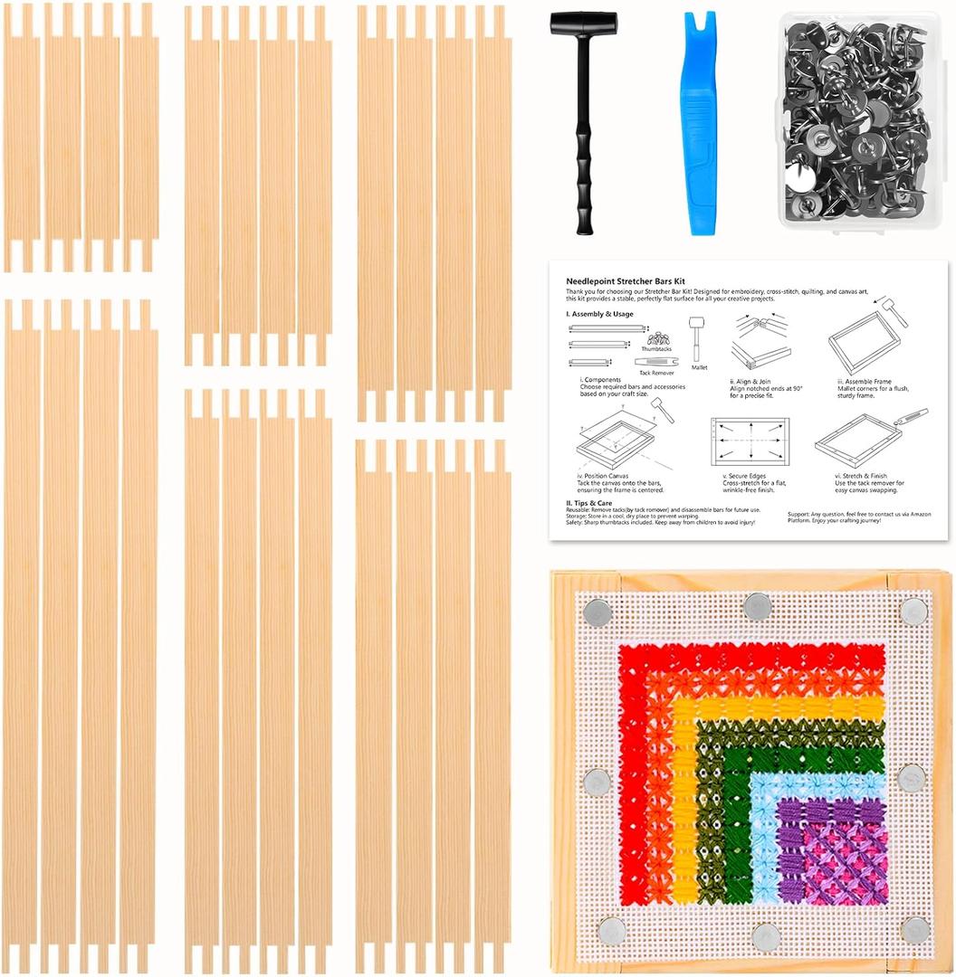 HANGOOGER 24 Pcs Needlepoint Stretcher Bars for Needlework 6 Sizes (6, 8, 10, 12, 14, 16 inch) with 100 Tacks 21 Sets Canvas Stretcher Bars for Embroidery Cross Stitch Frame, Gift for Craft Lovers.