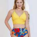 Family Matching Solid Scallop Trim Strappy Two-Piece Swimsuit and Allover Floral Print Swim Trunks Shorts (M)