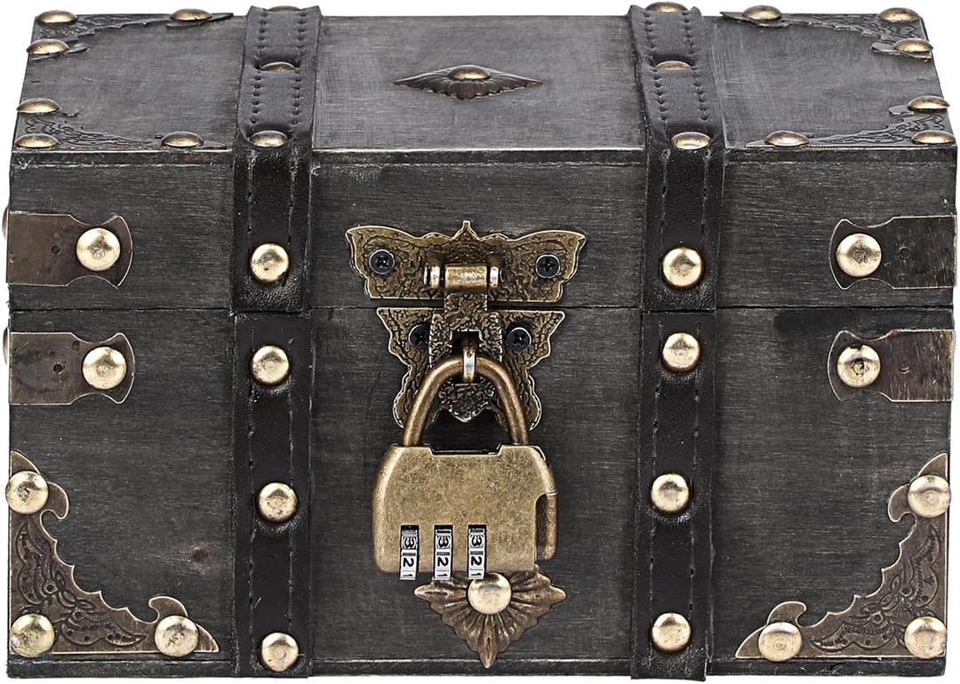 ELLDOO Wooden Treasure Chest with Lock, Vintage Pirate Chest Keepsakes Box for Kids Gifts, Handmade Treasure Storage Decorative Box for Jewelry Coins Collectibles, Small