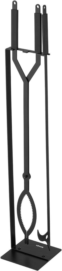 VEVOR Fireplace Tool Set, 3 PCS Fire Tool Set and Holder with Stand, Tongs, Fire Place Poker, Wrought Iron Fireplace Accessories for Campfire Backyard Bonfire Indoor/Outdoor, Black