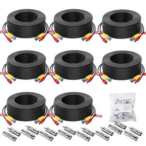 8 Pack 50ft/15M Video Power Cable, BNC Extension Security Camera Cable Wire for CCTV Surveillance DVR System, Included 16 x BNC Connectors and 100pcs Cable Clips