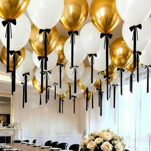 80PCS Black Bow Birthday Decorations, Pre-Tied Black Bows for Balloons with White and Gold Birthday Decorations for Bow Themed Parties