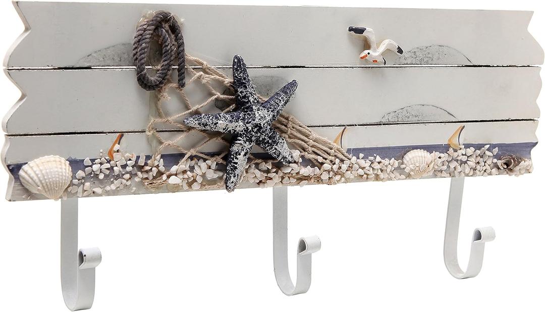 MyGift 3 Hook Coastal Style Wall Mounted Entryway Coat Rack, Decorative Nautical Beach Starfish and Seashell Theme Wood Panel with White Metal Jacket Hanging Hooks