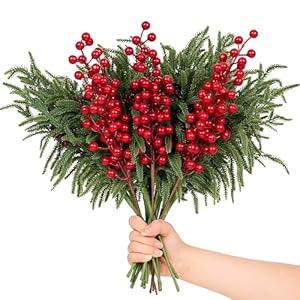 zjlmit 12 Pack Artificial Norfolk Pine Branches 17.7" Christmas Artificial Pine Stems with Red Berry Stems Fake Pine Needles Picks for Vase DIY Crafts Garland Wreath Xmas Indoor Home Decor