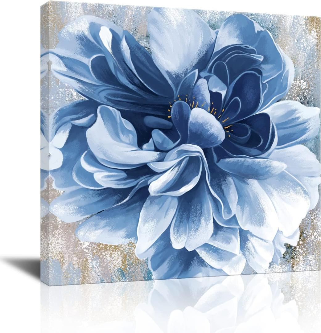 Blue Flower Wall Art,Navy Blue Floral Canvas Print Nature Scenery Wall Art for Living Room Bedroom Wall Painting Decoration Modern Artwork