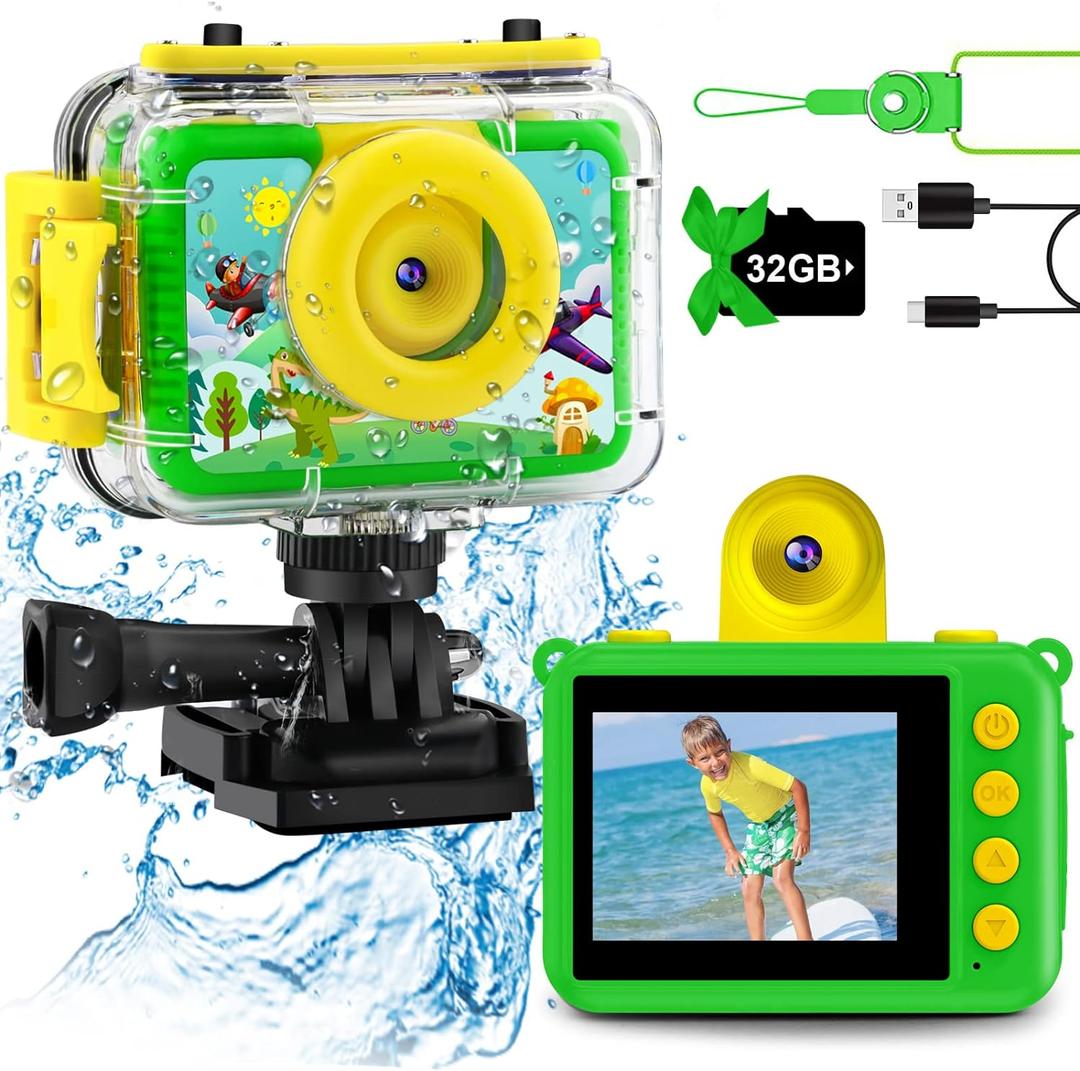 GKTZ Kids Camera - Waterproof Underwater Camera for Kids, Christmas Birthday Gifts for Boys Age 3-12, 1080P HD Children Digital Action Camera, Pool Toys for Kids Age 4-12 (Green)