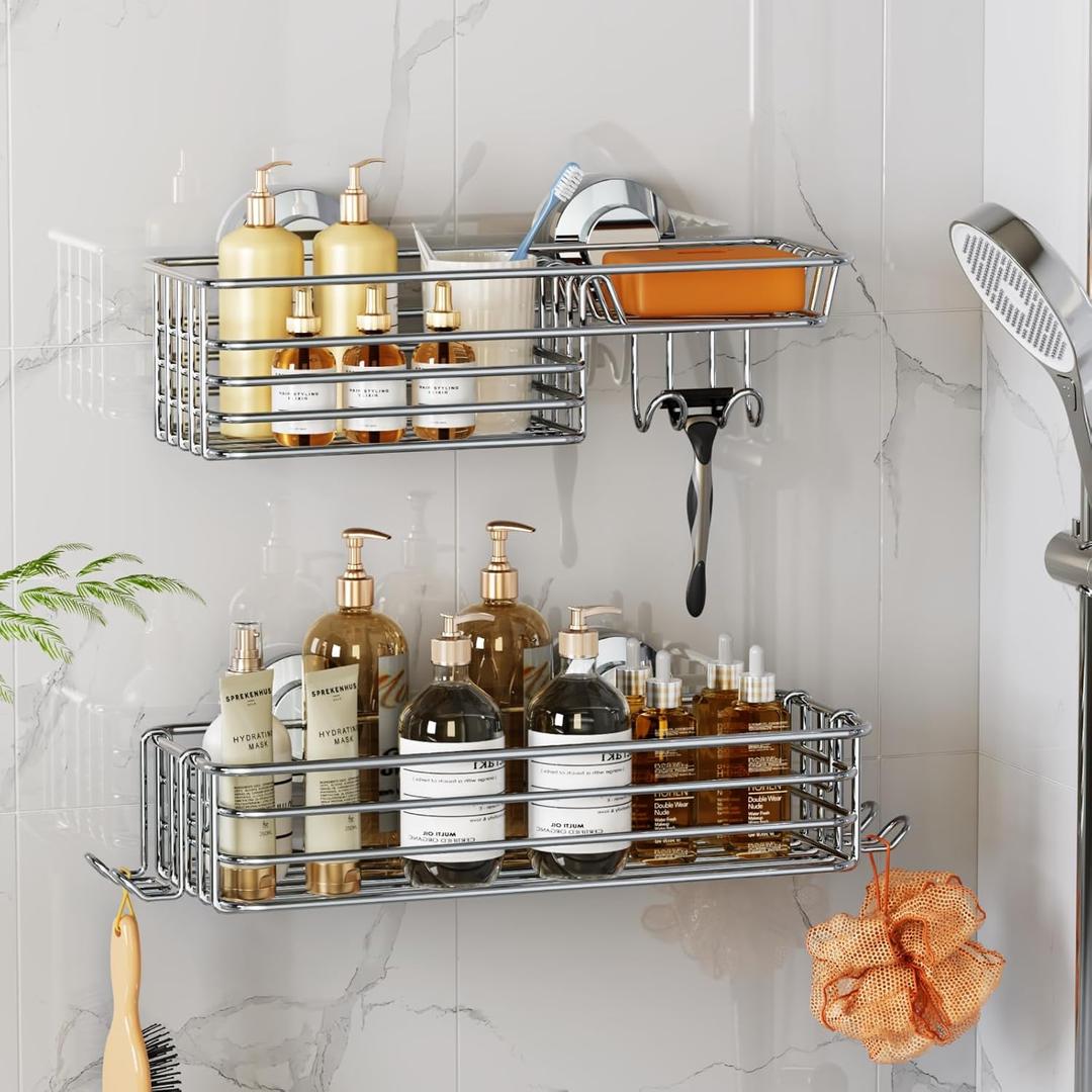 LEVERLOC Shower Caddy Suction Cup, 2 Pack Heavy Duty Bathroom Organizer for Inside Shower with Hooks & Soap Holder, Removable and Rustproof Silver Bathroom Holder Storage