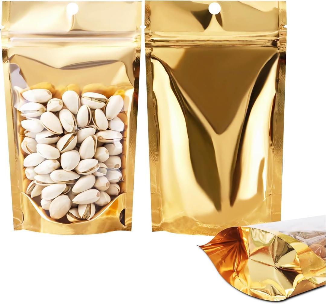 100 Pack Smell Proof Bags with Clear Front Window, 4.7 x 7.8 Inches Resealable Stand Up Food Storage Bags Packaging Foil Mylar Pouches for Small Business, Foods, Party Favors (Gold)