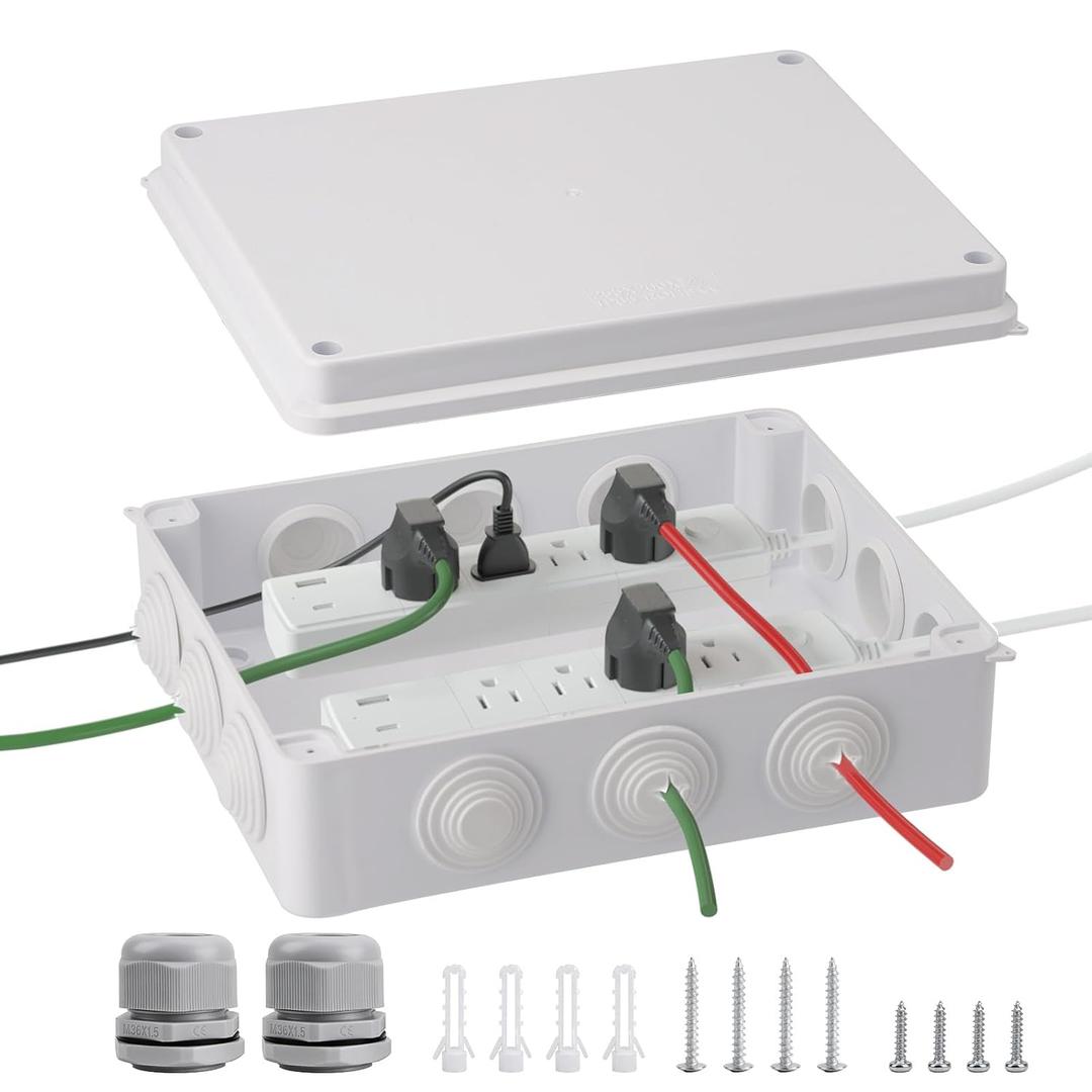 DROK Electrical Junction Box - Reinforced ABS Small Plastic Shockproof IP65 Waterproof Storage Box with 2 M36 Cable Glands, 10.04x7.87x4.72 inch/255x200x120mm
