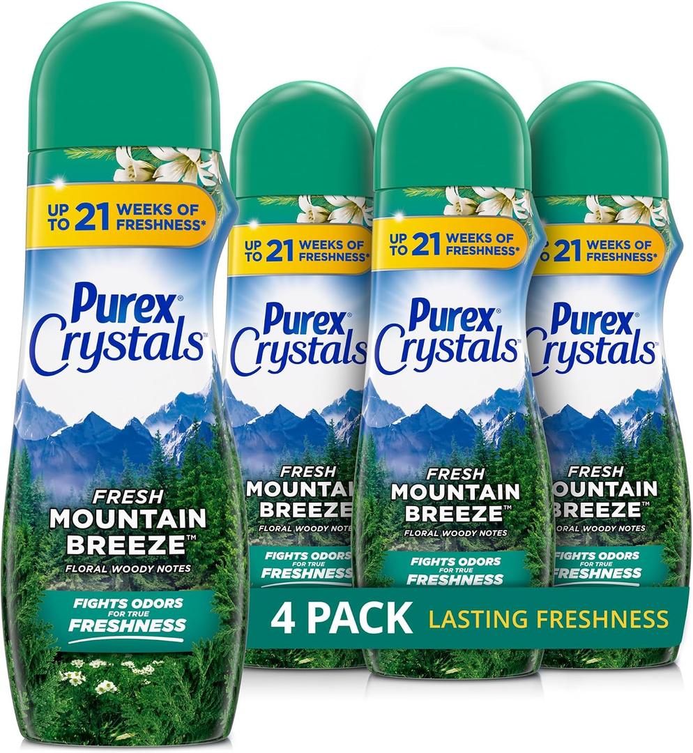 Purex Crystals In-Wash Scent Booster, Fresh Mountain Breeze, 21 oz (Pack of 4), Long-Lasting Freshness & Odor Elimination Technology
