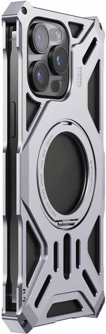 LOVE MEI Aluminum Metal Case Compatible with iPhone 16 Pro Max, Military Metal Frame Bumper Shockproof Case [Compatible with MagSafe] with 360 Rotatable Stand (Silver)