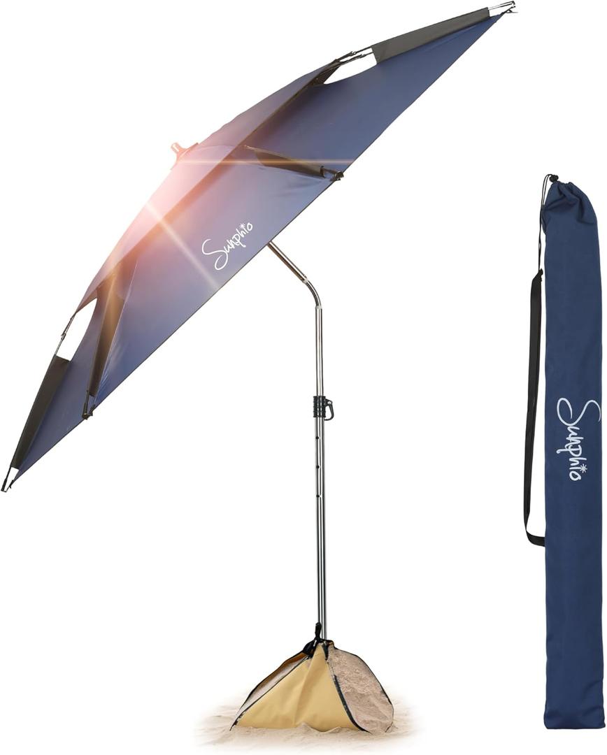 Sunphio Beach Umbrella 7.2 ft with Sand Anchor, Heavy Duty, High Wind Resistant, Portable and Large Windproof Beach Umbrellas with Sand Bags for Travel, Best Sun Protection UV